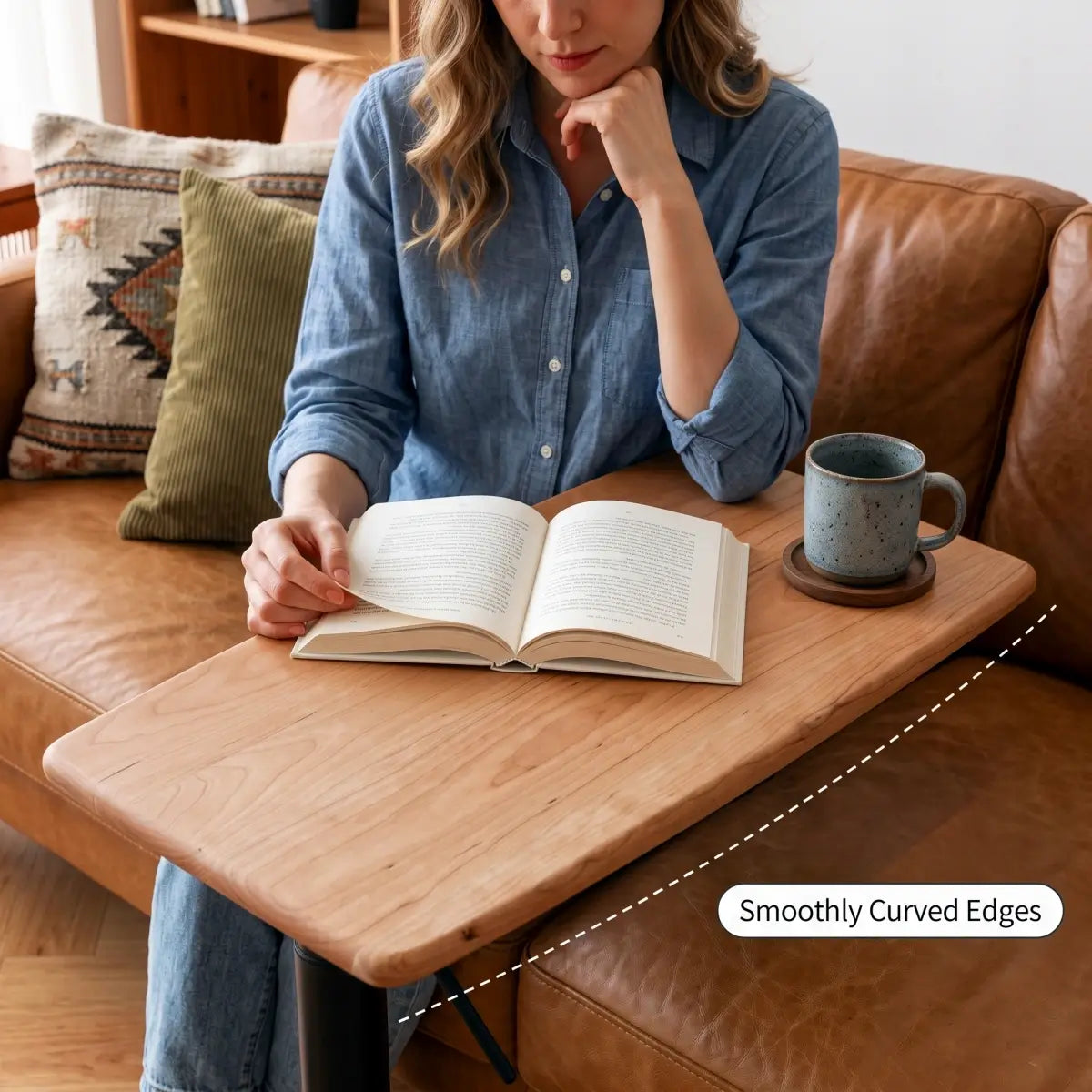 Height adjustable sofa side table showing the gas-lift design