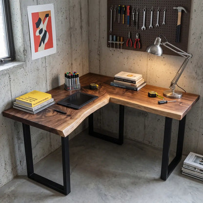 L-shaped solid wood corner office desk with black steel legs in an industrial-style workspace