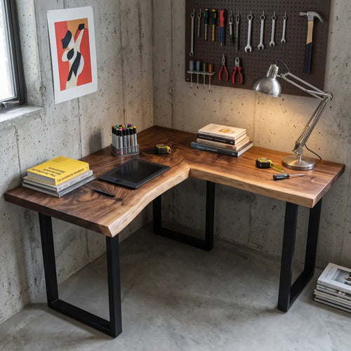 L-shaped solid wood corner office desk with black steel legs in an industrial-style workspace