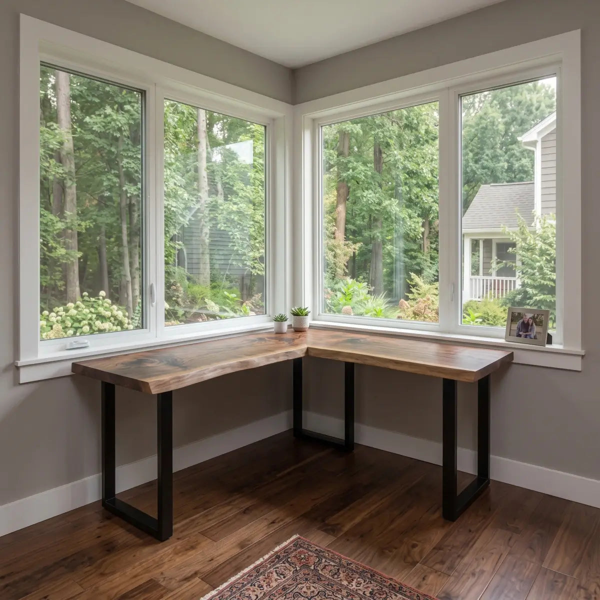 L-shaped solid wood corner desk in a bright bay-window home office workspace