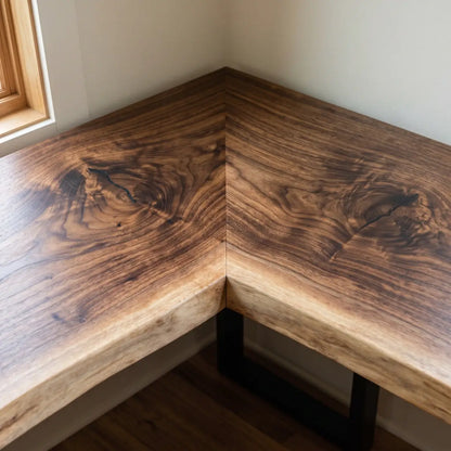 Close-up of L-shaped solid wood desktop corner showing natural wood grain and edge detail
