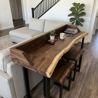 Live Edge Sofa Bar Table with Low Back Rail – Solid Wood Behind Couch Counter Table