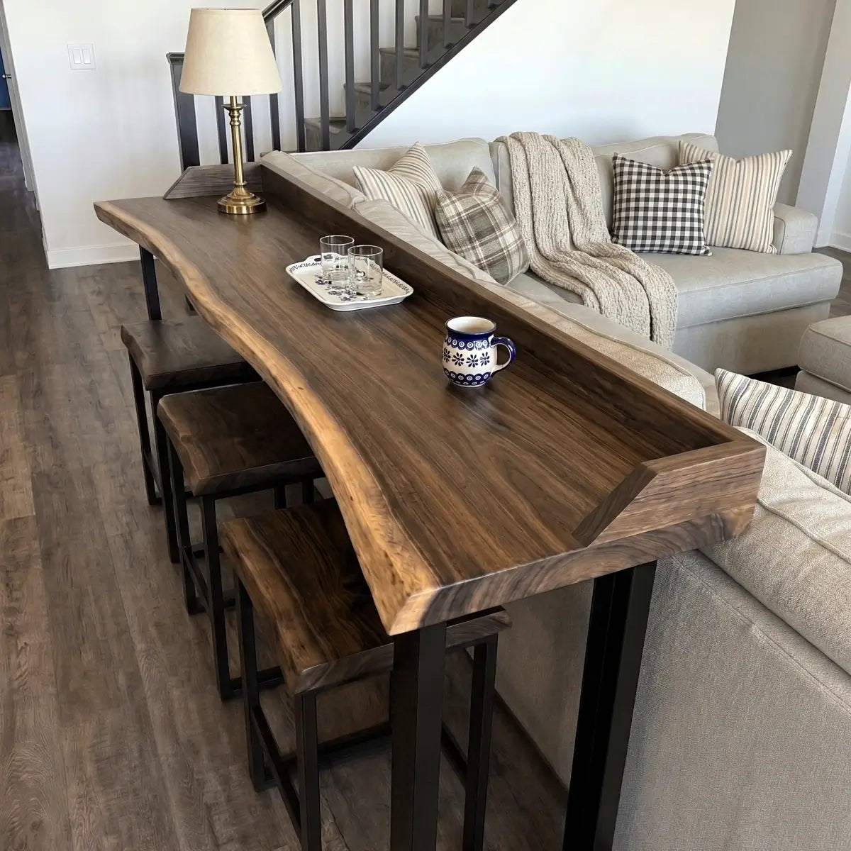 Live Edge Sofa Bar Table with Low Back Rail – Solid Wood Behind Couch Counter Table