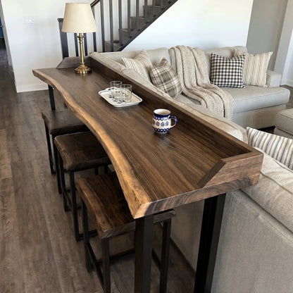 Live Edge Sofa Bar Table with Low Back Rail – Solid Wood Behind Couch Counter Table