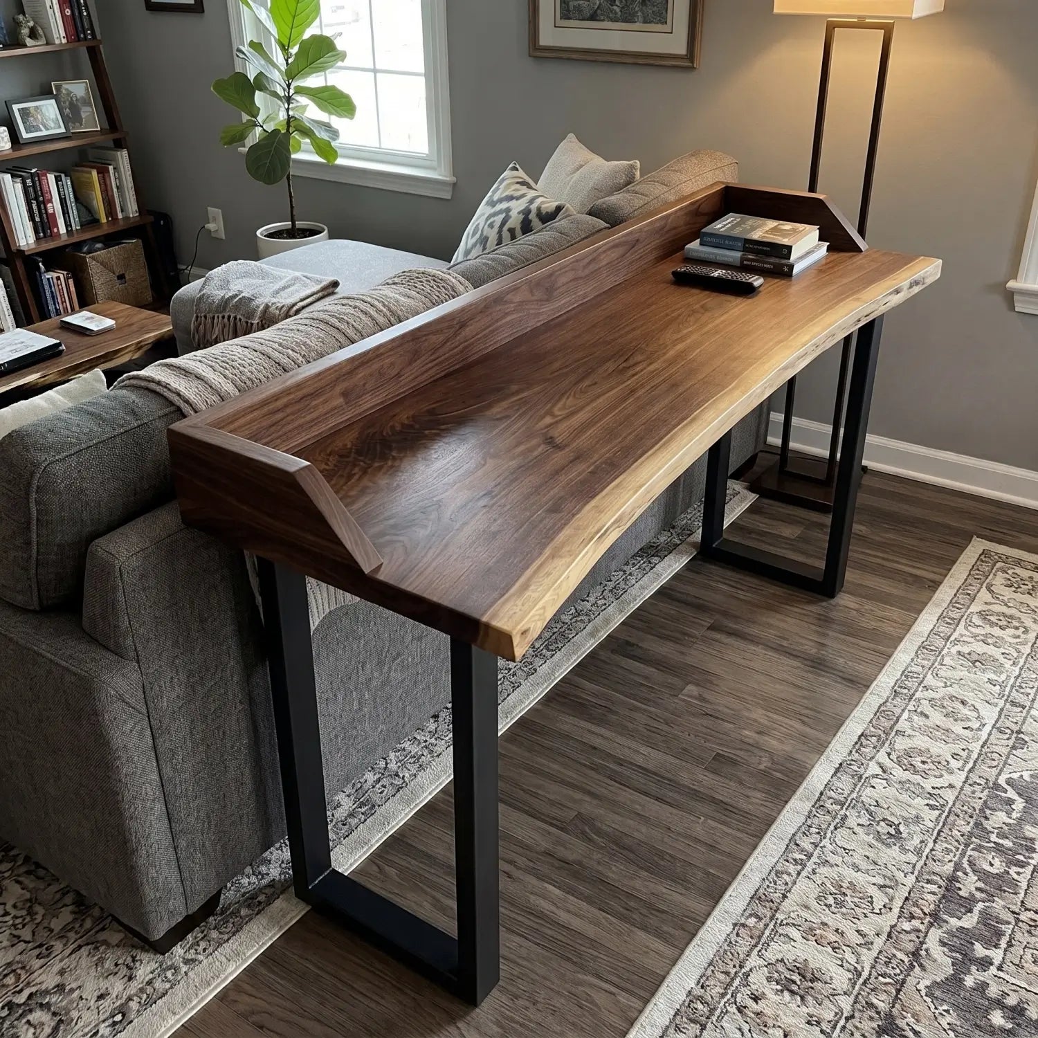 Live Edge Sofa Bar Table with Low Back Rail – Solid Wood Behind Couch Counter Table