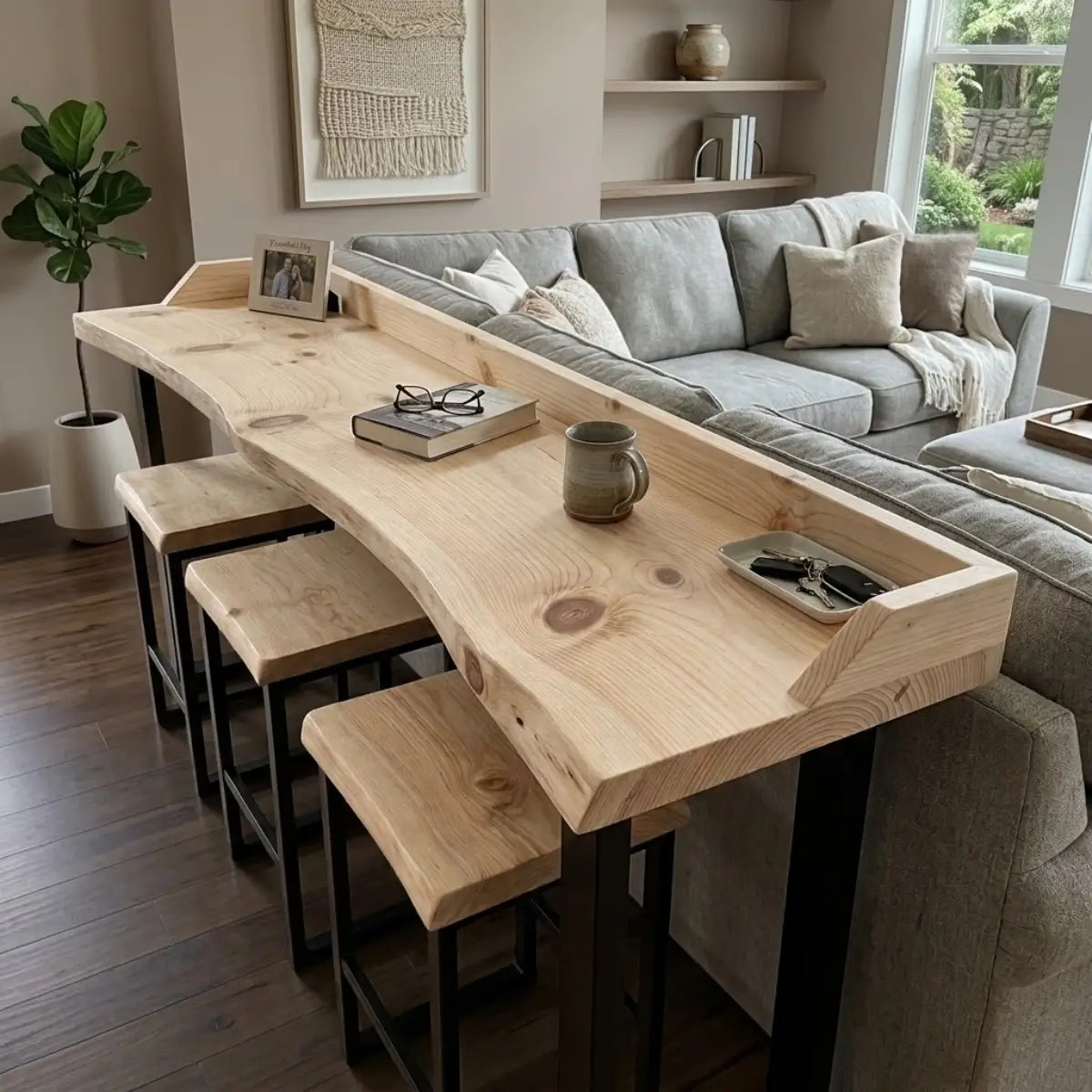 Live Edge Sofa Bar Table with Low Back Rail – Solid Wood Behind Couch Counter Table