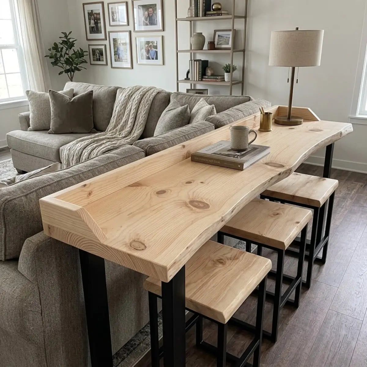 Live Edge Sofa Bar Table with Low Back Rail – Solid Wood Behind Couch Counter Table