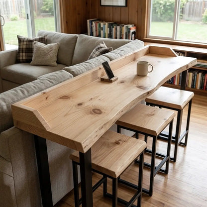Live Edge Sofa Bar Table with Low Back Rail – Solid Wood Behind Couch Counter Table