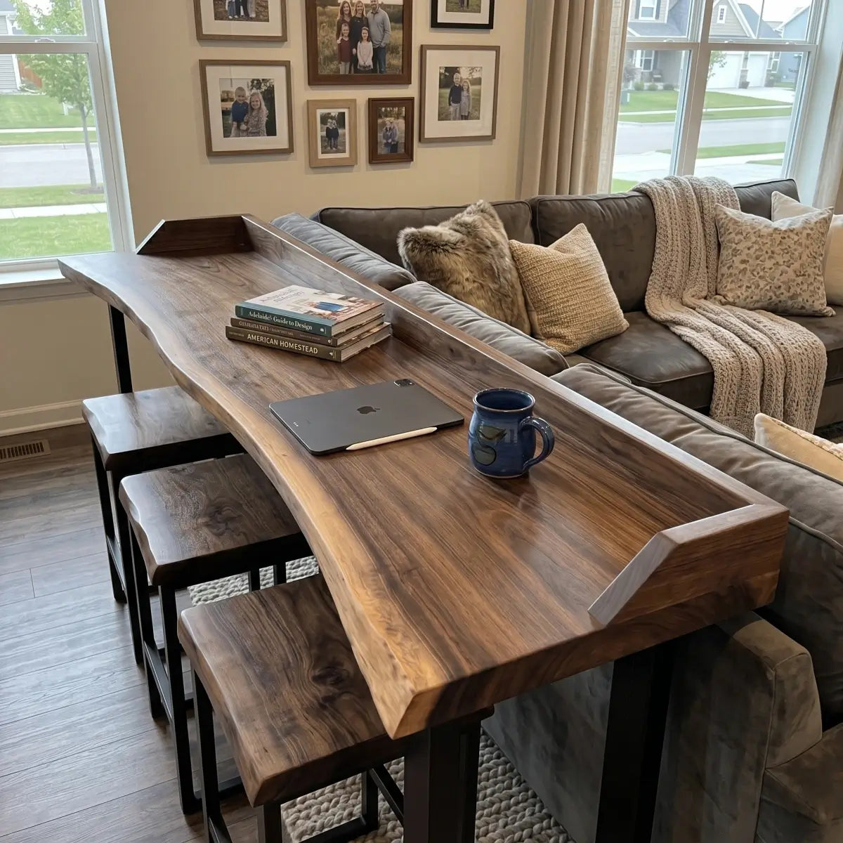 Live Edge Sofa Bar Table with Low Back Rail – Solid Wood Behind Couch Counter Table