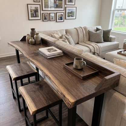 Live Edge Sofa Bar Table with Low Back Rail – Solid Wood Behind Couch Counter Table