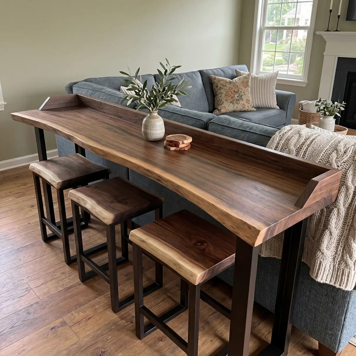 Live Edge Sofa Bar Table with Low Back Rail – Solid Wood Behind Couch Counter Table