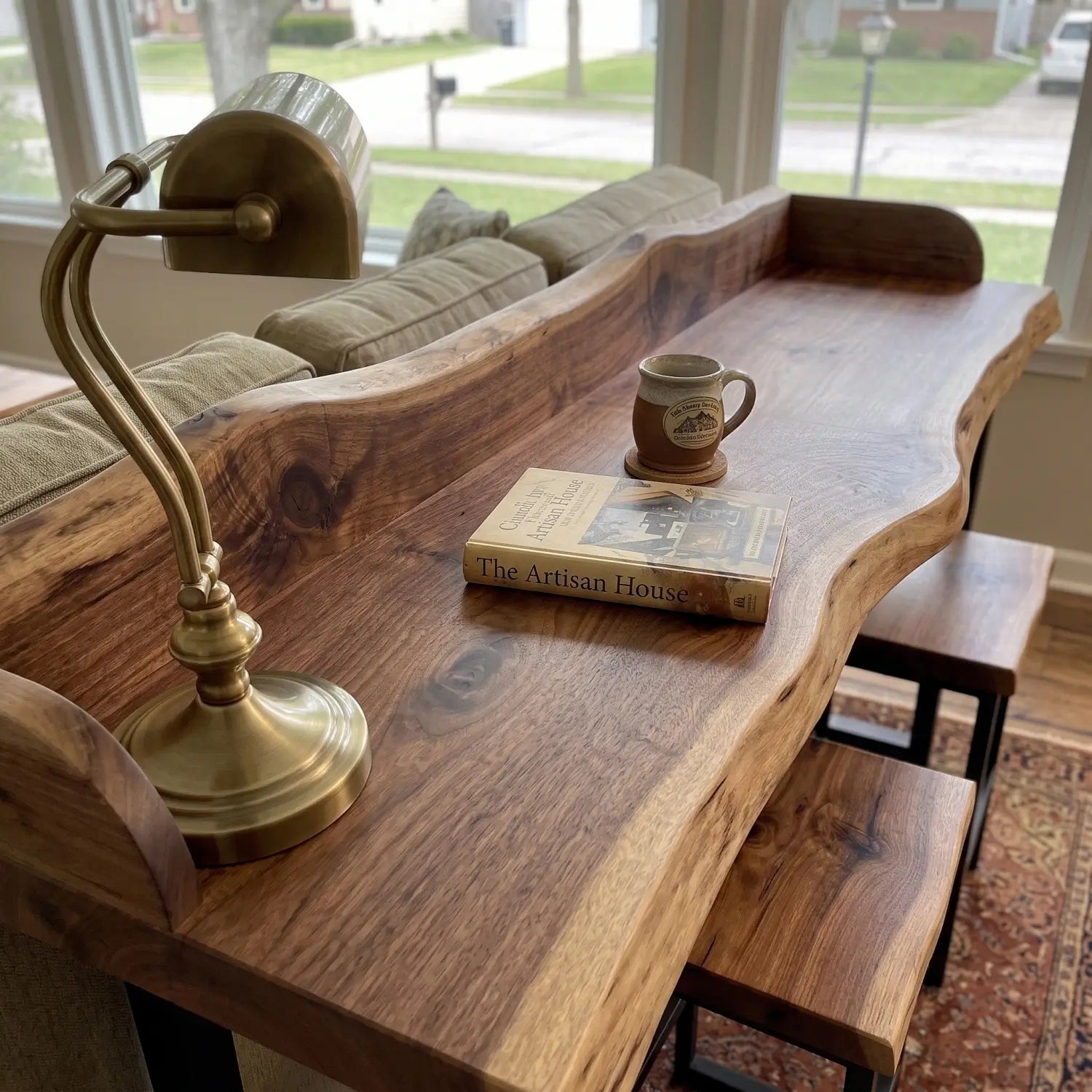 Live Edge Sofa Bar Table with Raised Back Panel | Solid Wood Counter & Bar Height Table