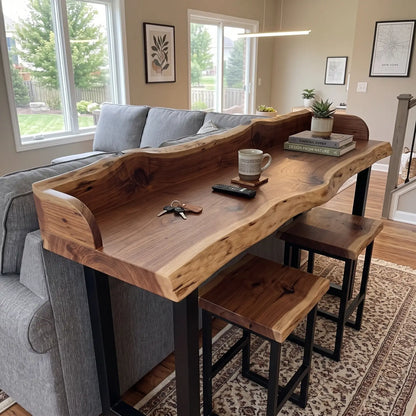 Live Edge Sofa Bar Table with Raised Back Panel | Solid Wood Counter & Bar Height Table