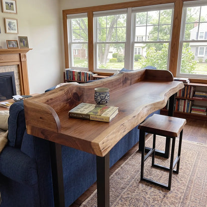 Live Edge Sofa Bar Table with Raised Back Panel | Solid Wood Counter & Bar Height Table