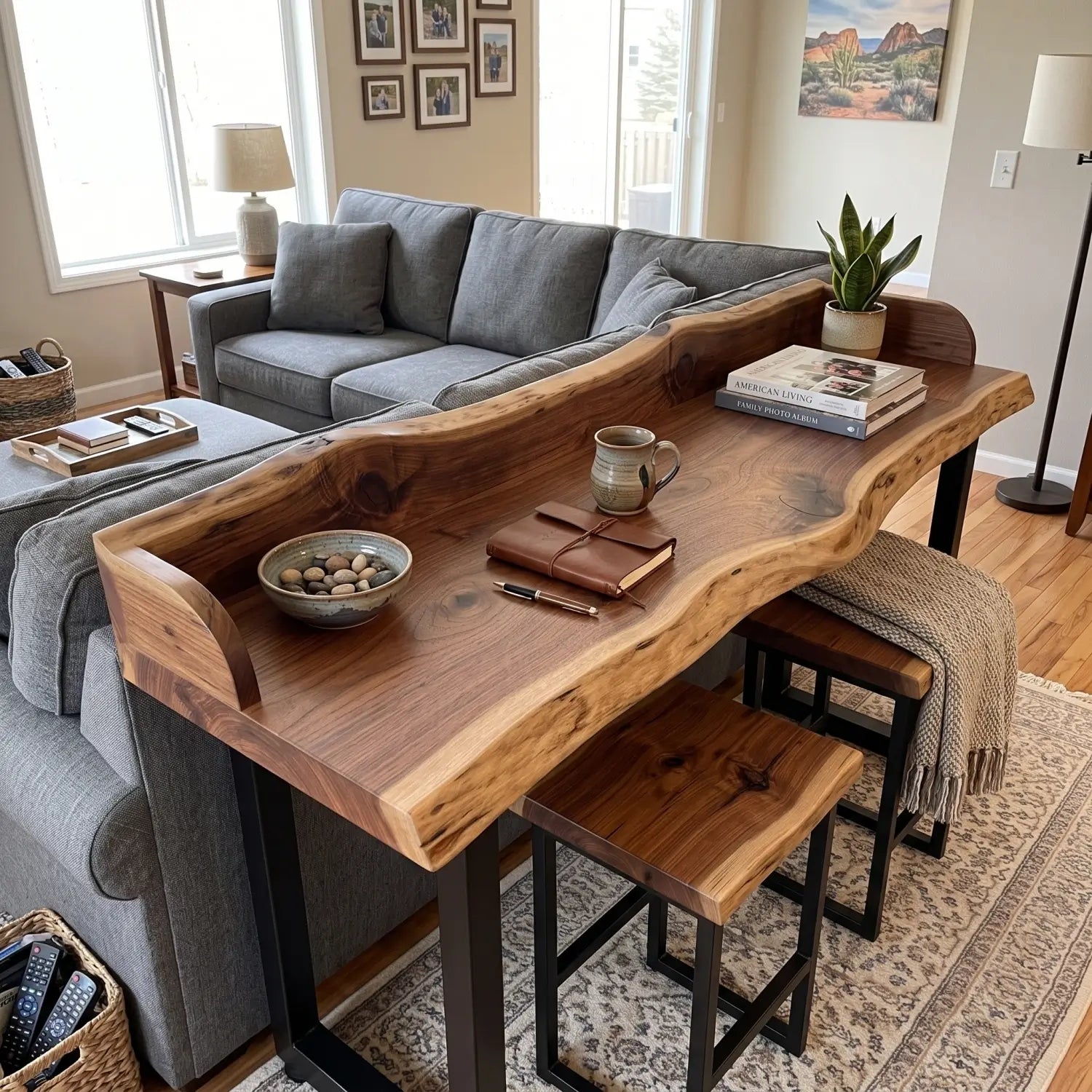 Live Edge Sofa Bar Table with Raised Back Panel | Solid Wood Counter & Bar Height Table