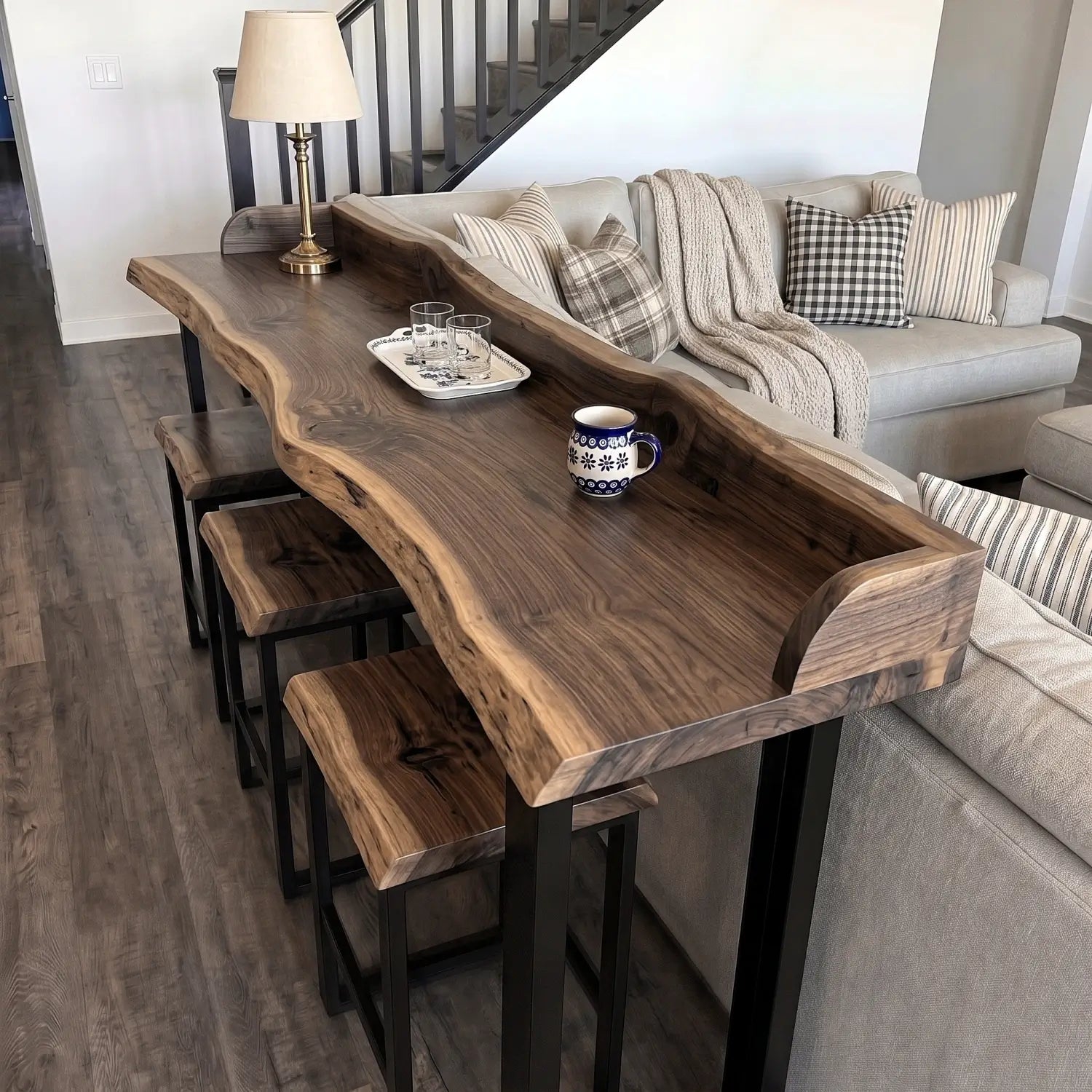 Live Edge Sofa Bar Table with Raised Back Panel | Solid Wood Counter & Bar Height Table