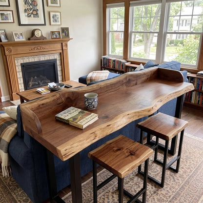 Live Edge Sofa Bar Table with Raised Back Panel | Solid Wood Counter & Bar Height Table