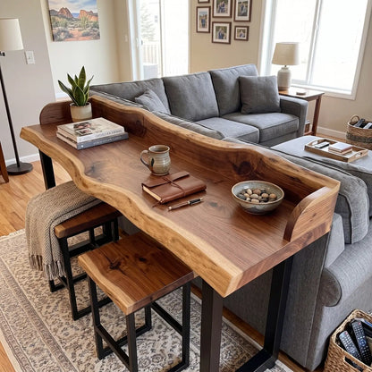 Live Edge Sofa Bar Table with Raised Back Panel | Solid Wood Counter & Bar Height Table