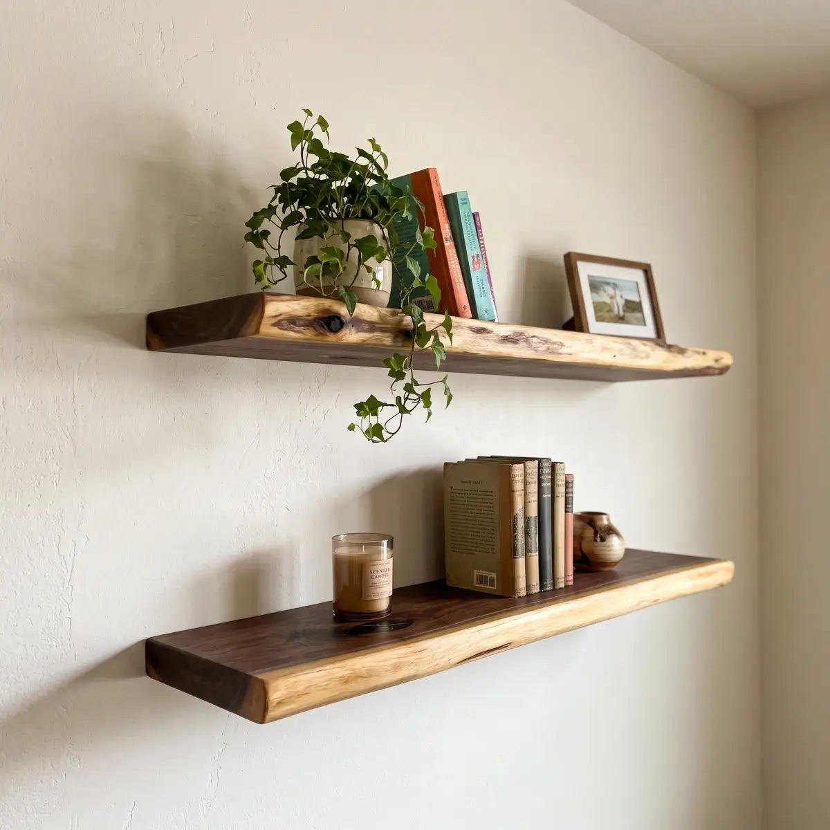Live Edge Solid Wood Floating Shelf with Hidden Bracket