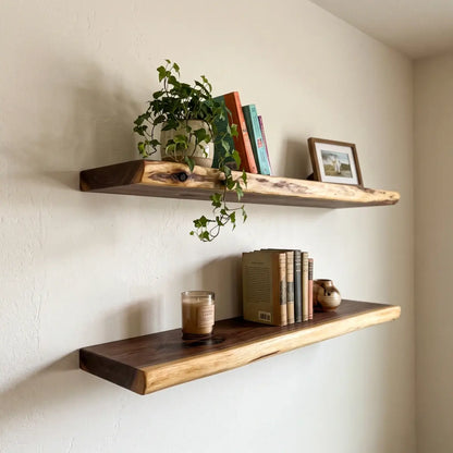 Live Edge Solid Wood Floating Shelf with Hidden Bracket