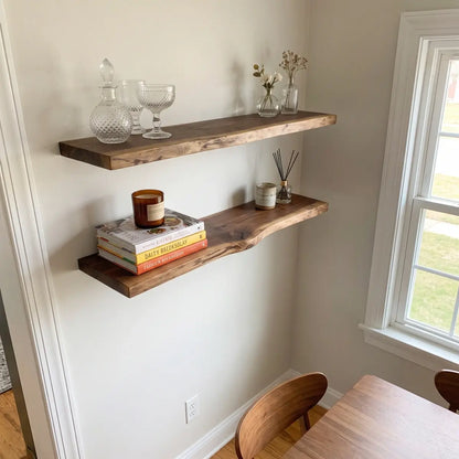 Live Edge Solid Wood Floating Shelf with Hidden Bracket
