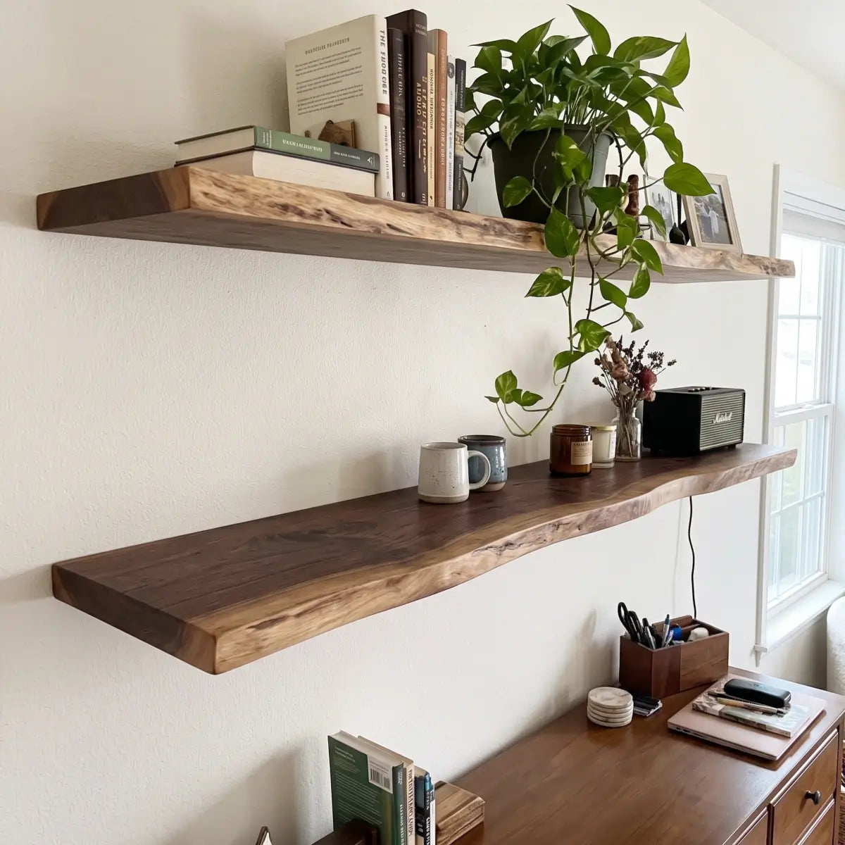 Live Edge Solid Wood Floating Shelf with Hidden Bracket