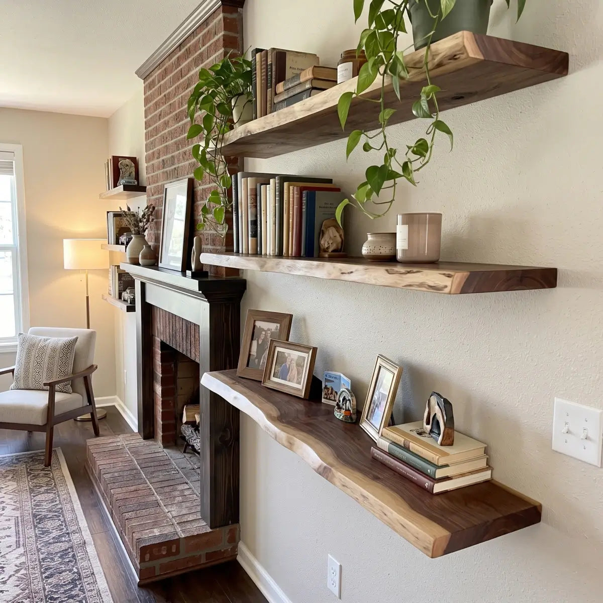 Live Edge Solid Wood Floating Shelf with Hidden Bracket