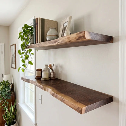 Live Edge Solid Wood Floating Shelf with Hidden Bracket