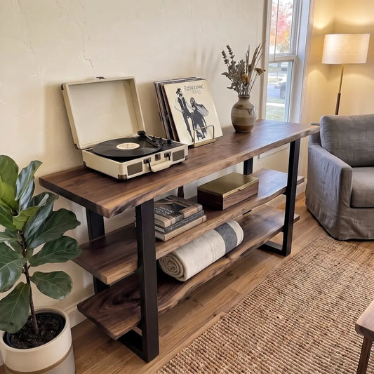 Solid Wood Live Edge 3-Tier Console Table with 2 Storage Shelves