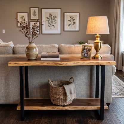 Solid Wood Live Edge Console Table with Lower Shelf