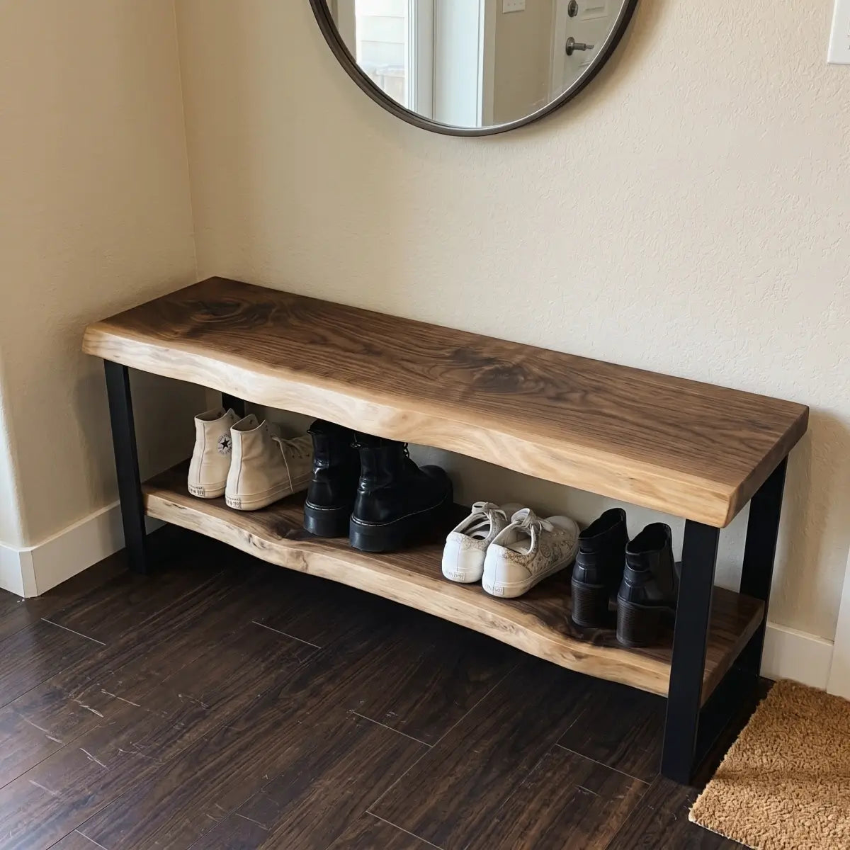 Solid Wood Entryway Shoe Storage Bench with Lower Shelf | Live Edge Shoe Rack Bench