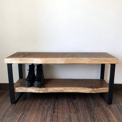 Solid Wood Entryway Shoe Storage Bench with Lower Shelf | Live Edge Shoe Rack Bench
