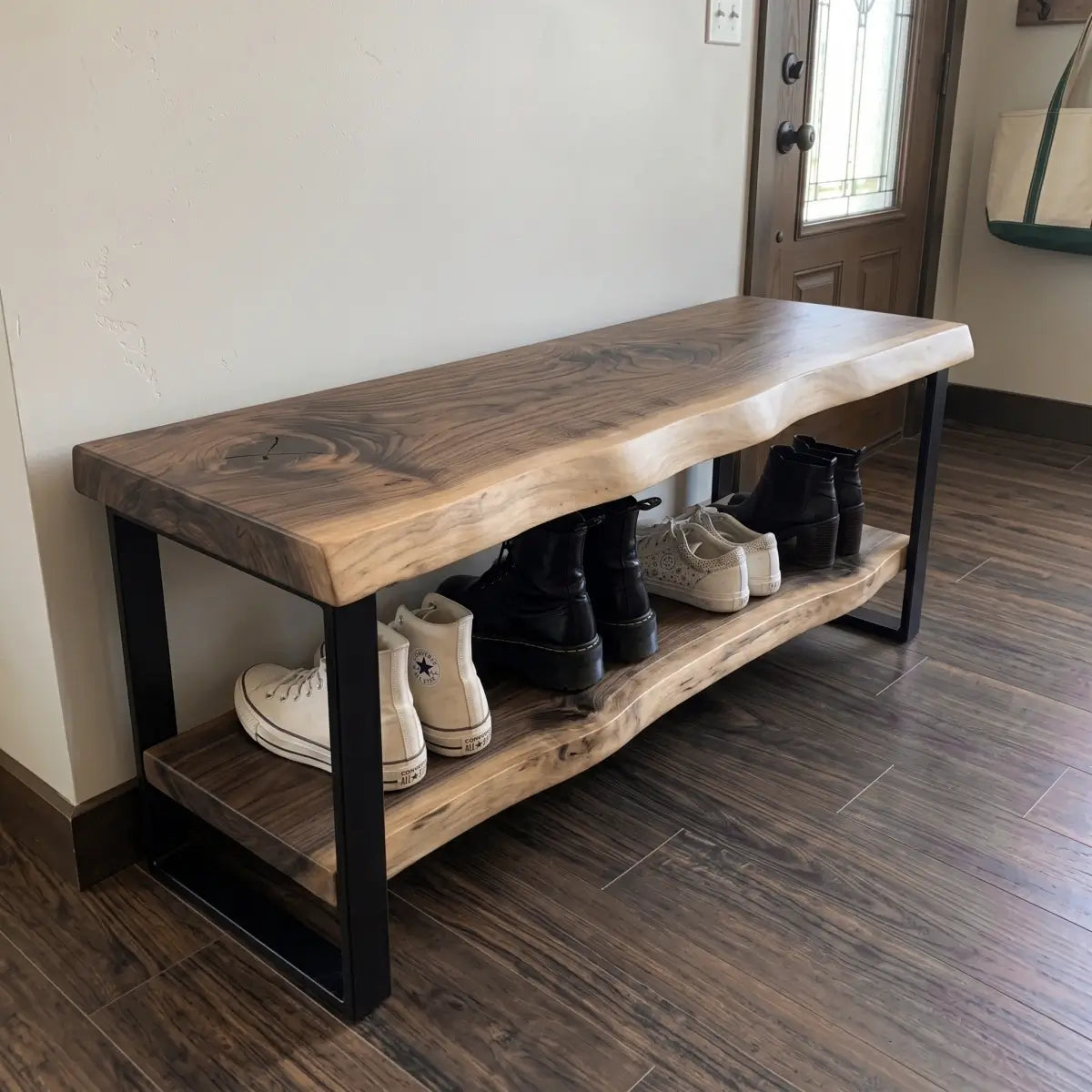 Solid Wood Entryway Shoe Storage Bench with Lower Shelf | Live Edge Shoe Rack Bench