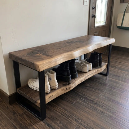 Solid Wood Entryway Shoe Storage Bench with Lower Shelf | Live Edge Shoe Rack Bench