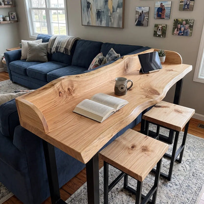 Live Edge Sofa Bar Table with Raised Back Panel | Solid Wood Counter & Bar Height Table
