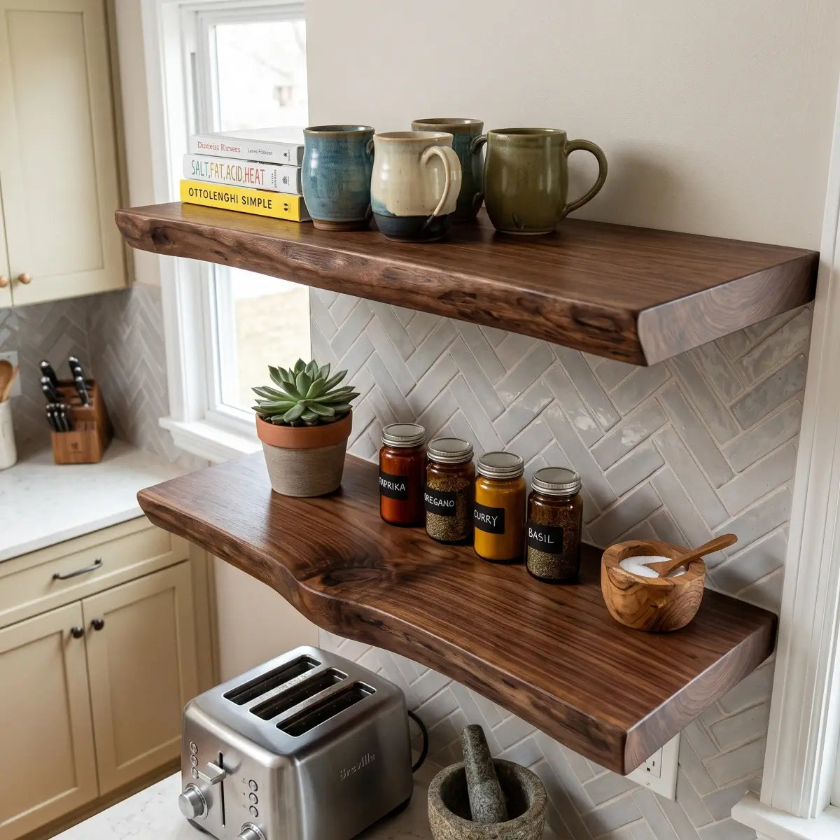 Live edge floating shelf profile view