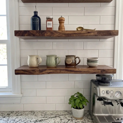 Live edge solid wood floating shelf alternate detail