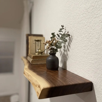 Live Edge Solid Wood Floating Shelf with Hidden Bracket