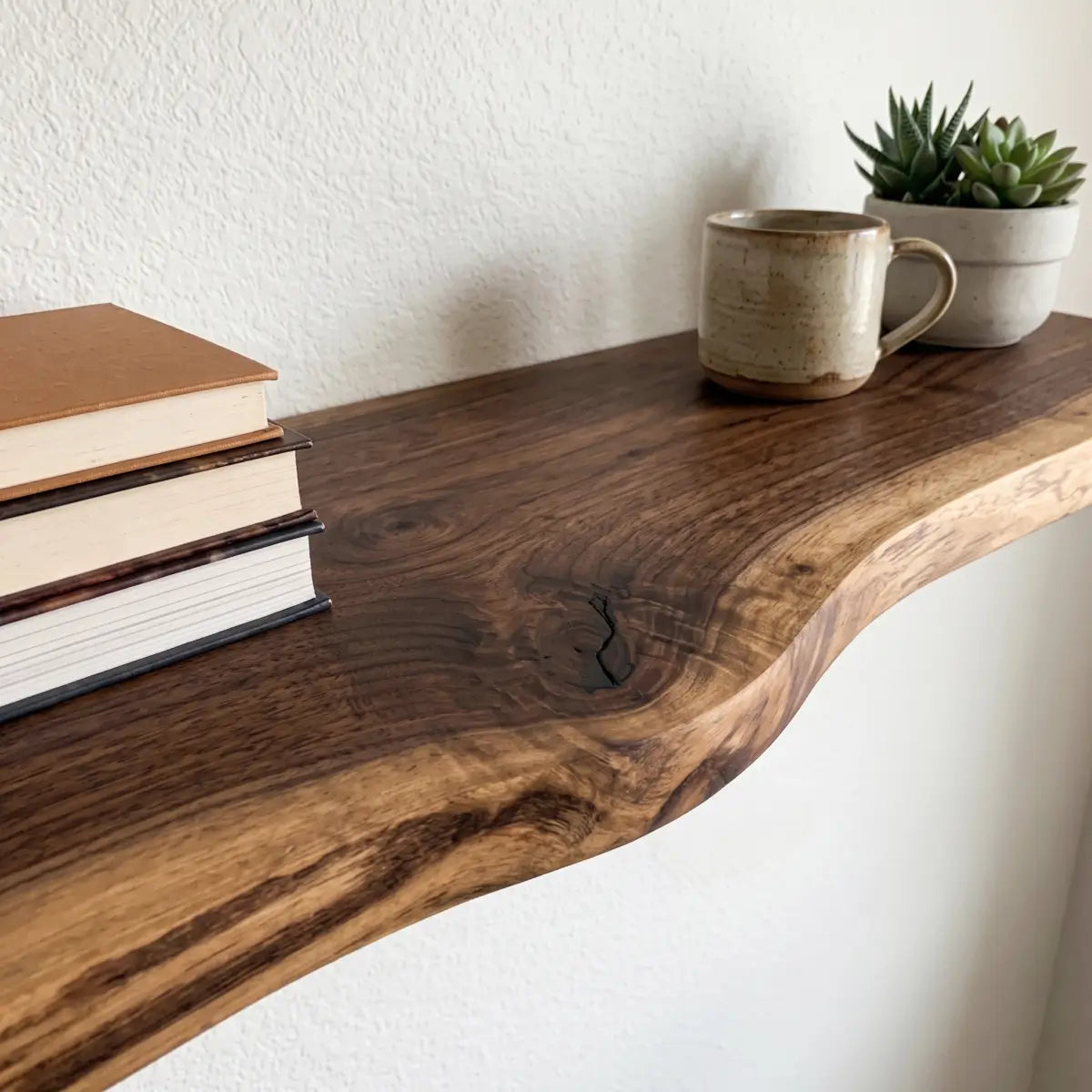 Live Edge Solid Wood Floating Shelf with Hidden Bracket
