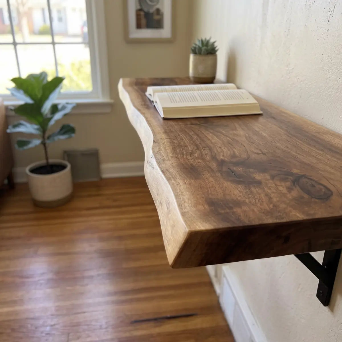 Live Edge Wall-Mounted Folding Table, Solid Wood Floating Desk for Small Spaces