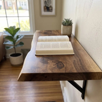 Live Edge Wall-Mounted Folding Table, Solid Wood Floating Desk for Small Spaces