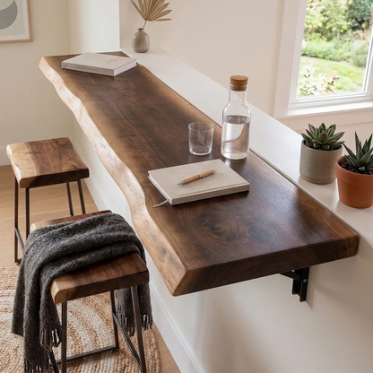 Live Edge Wall-Mounted Folding Table, Solid Wood Floating Desk for Small Spaces