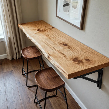 Live Edge Wall-Mounted Folding Table, Solid Wood Floating Desk for Small Spaces