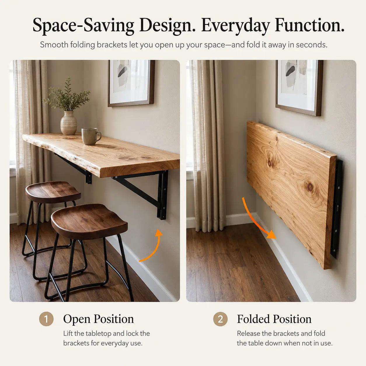 Live Edge Wall-Mounted Folding Table, Solid Wood Floating Desk for Small Spaces