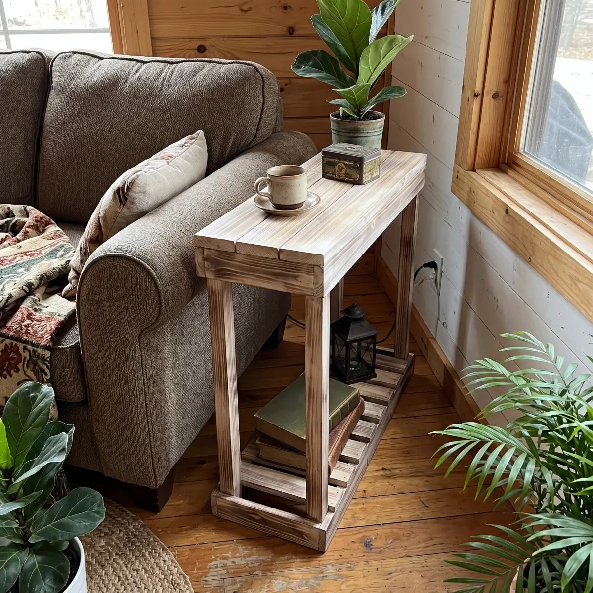 Narrow Solid Wood Side Table with Lower Shelf – Rustic Accent Table for Small Spaces