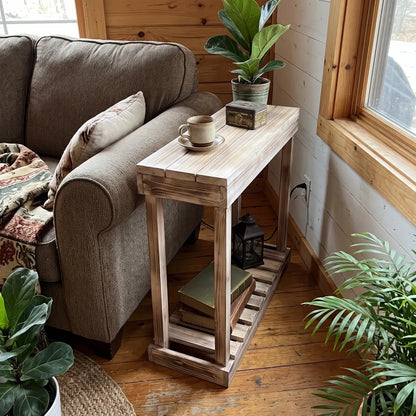 Narrow Solid Wood Side Table with Lower Shelf – Rustic Accent Table for Small Spaces