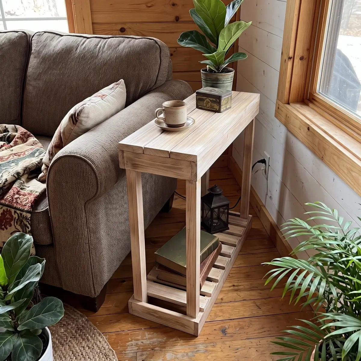 Narrow Solid Wood Side Table with Lower Shelf – Rustic Accent Table for Small Spaces