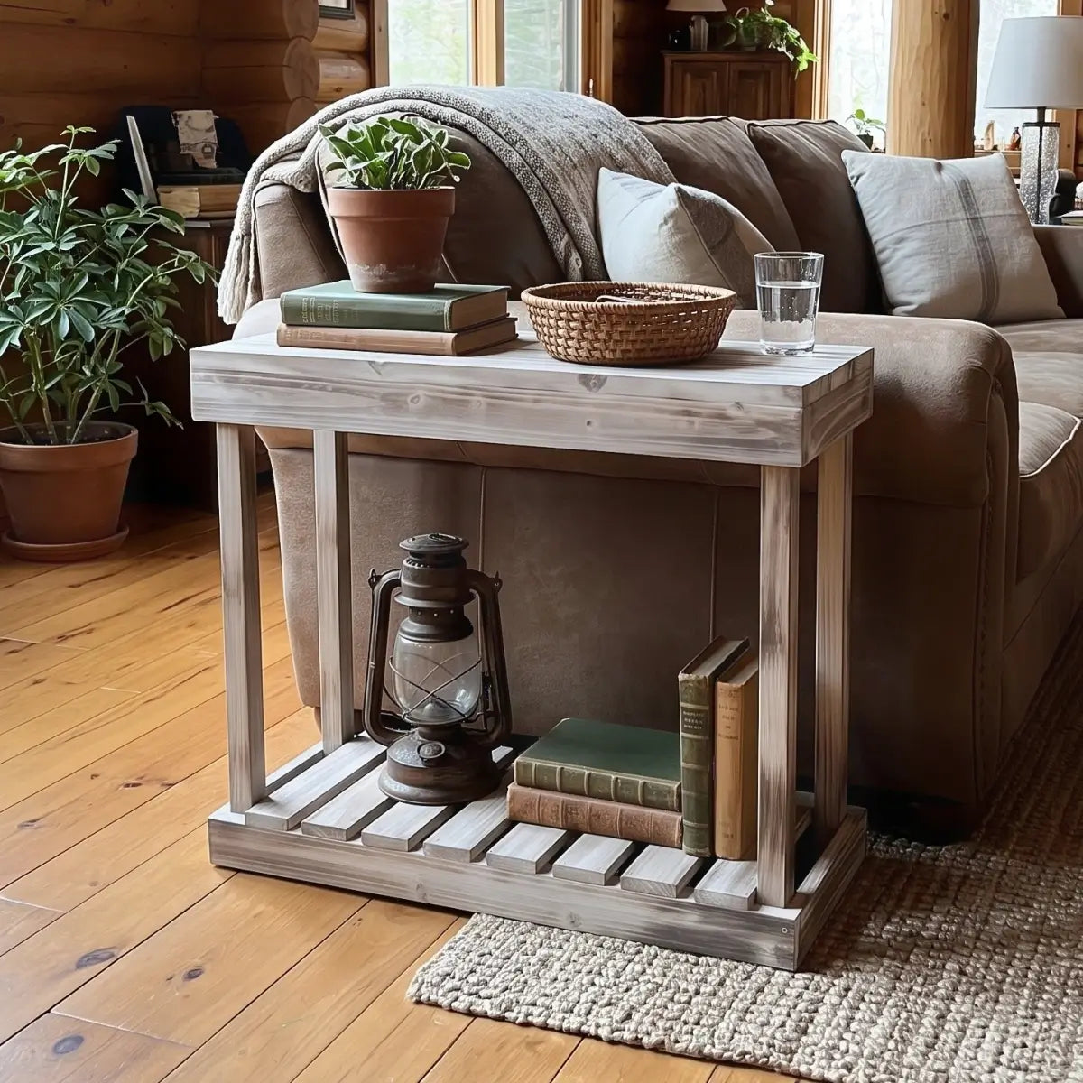 Narrow Solid Wood Side Table with Lower Shelf – Rustic Accent Table for Small Spaces