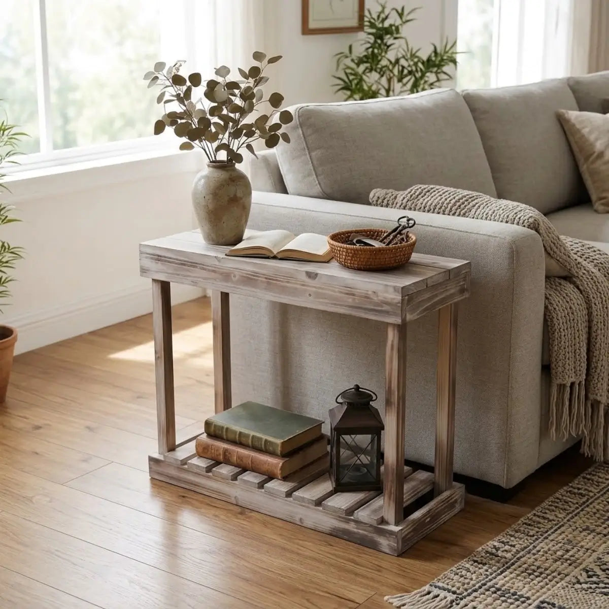 Narrow Solid Wood Side Table with Lower Shelf – Rustic Accent Table for Small Spaces