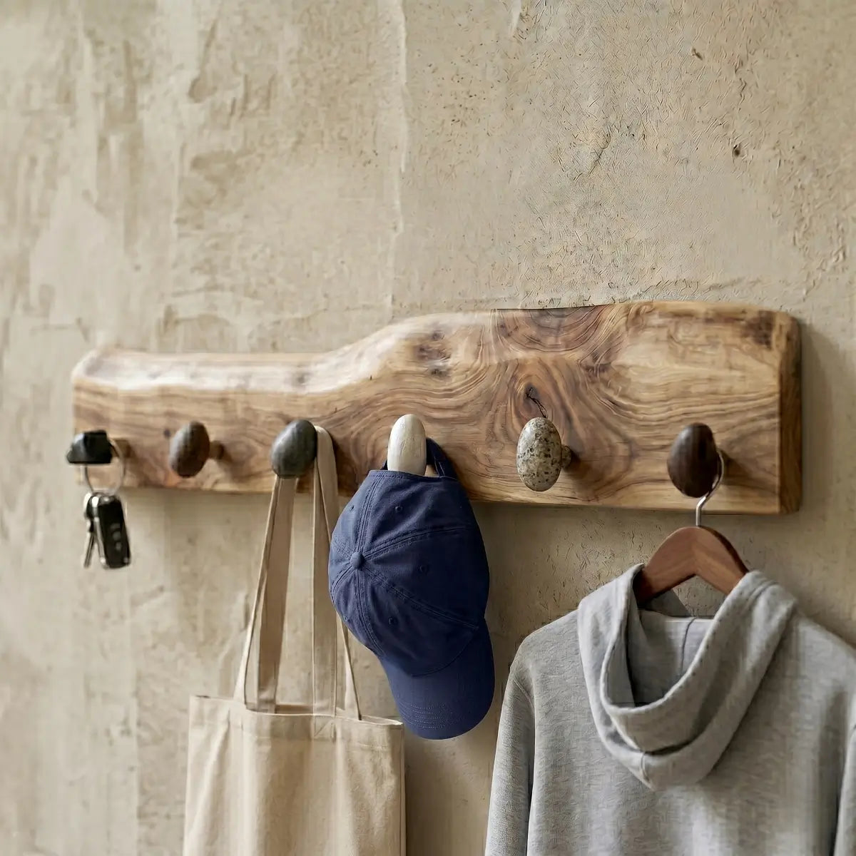 Live Edge Natural Wood Pebble Wall Hook Rack